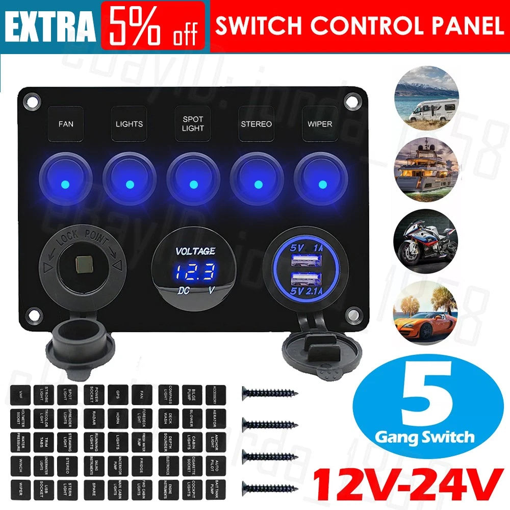 5 Gang 12V Switch Panel LED Rocker USB ON-OFF Toggle For Car Boat Marine Caravan