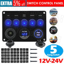 ✅5 Gang 12V Switch Panel LED Rocker USB ON-OFF Toggle For Car Boat Marine Caravan