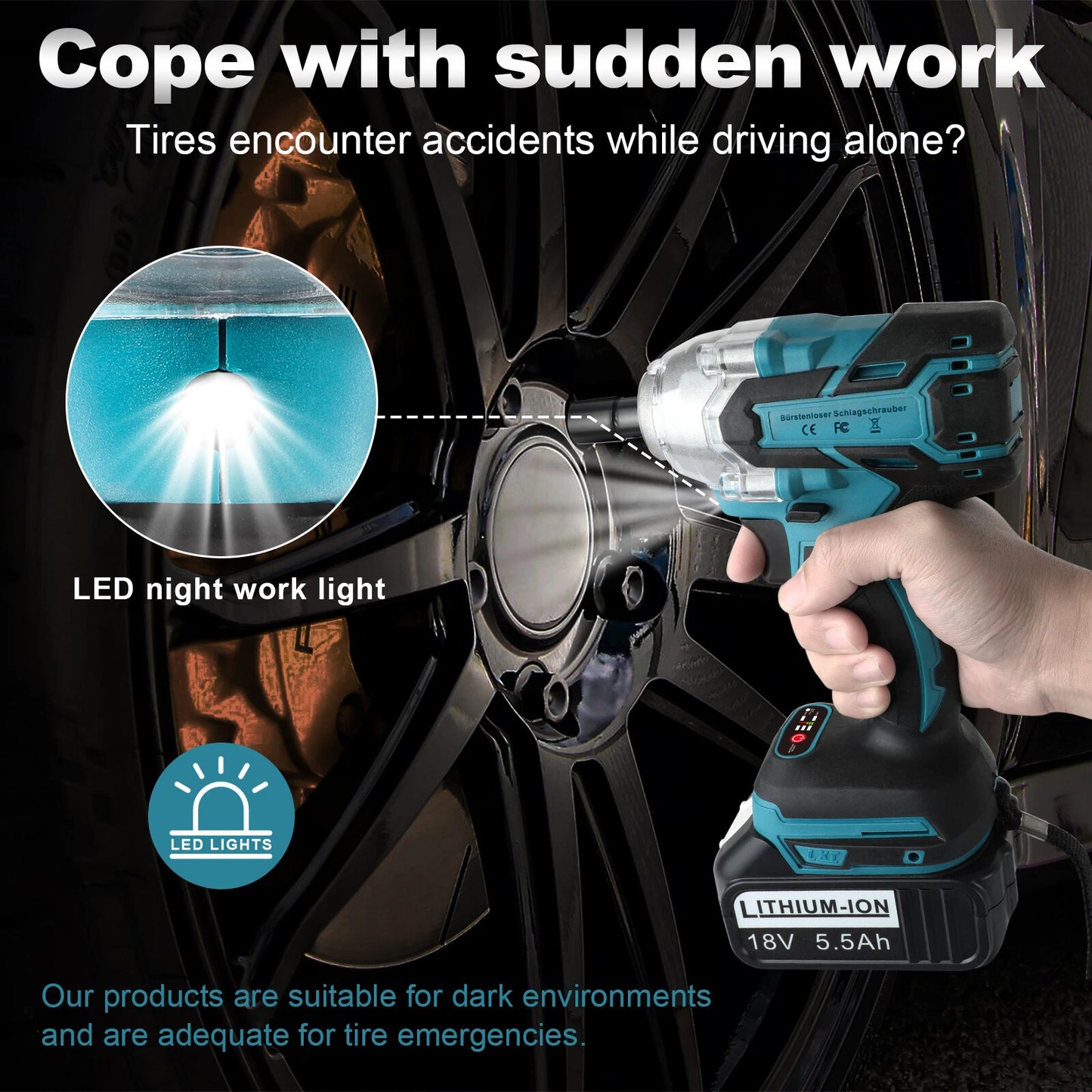 Cordless Brushless Electric Impact Wrench Tool Set 1/2'' With 2X 5.5Ah Battery