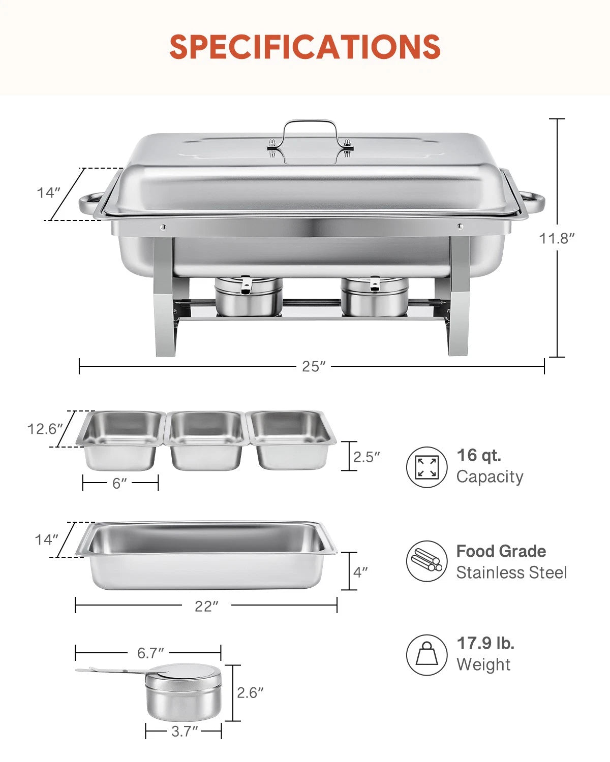 2 Packs 3Lx3 Stainless Steel Chafing Dishs Bain Marie Buffet Food Warmer