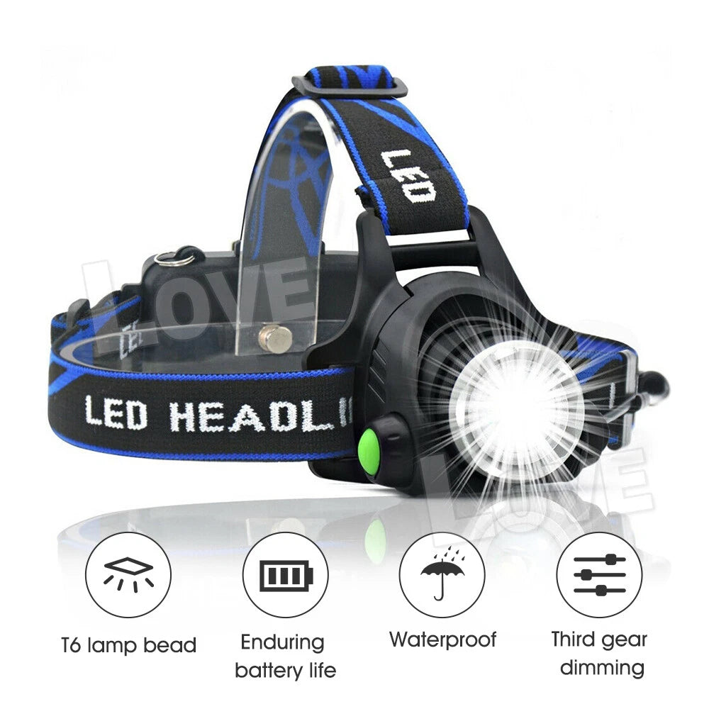 100000LM LED Headlamp Rechargeable Zoomable Headlight XML T6 Head Torch