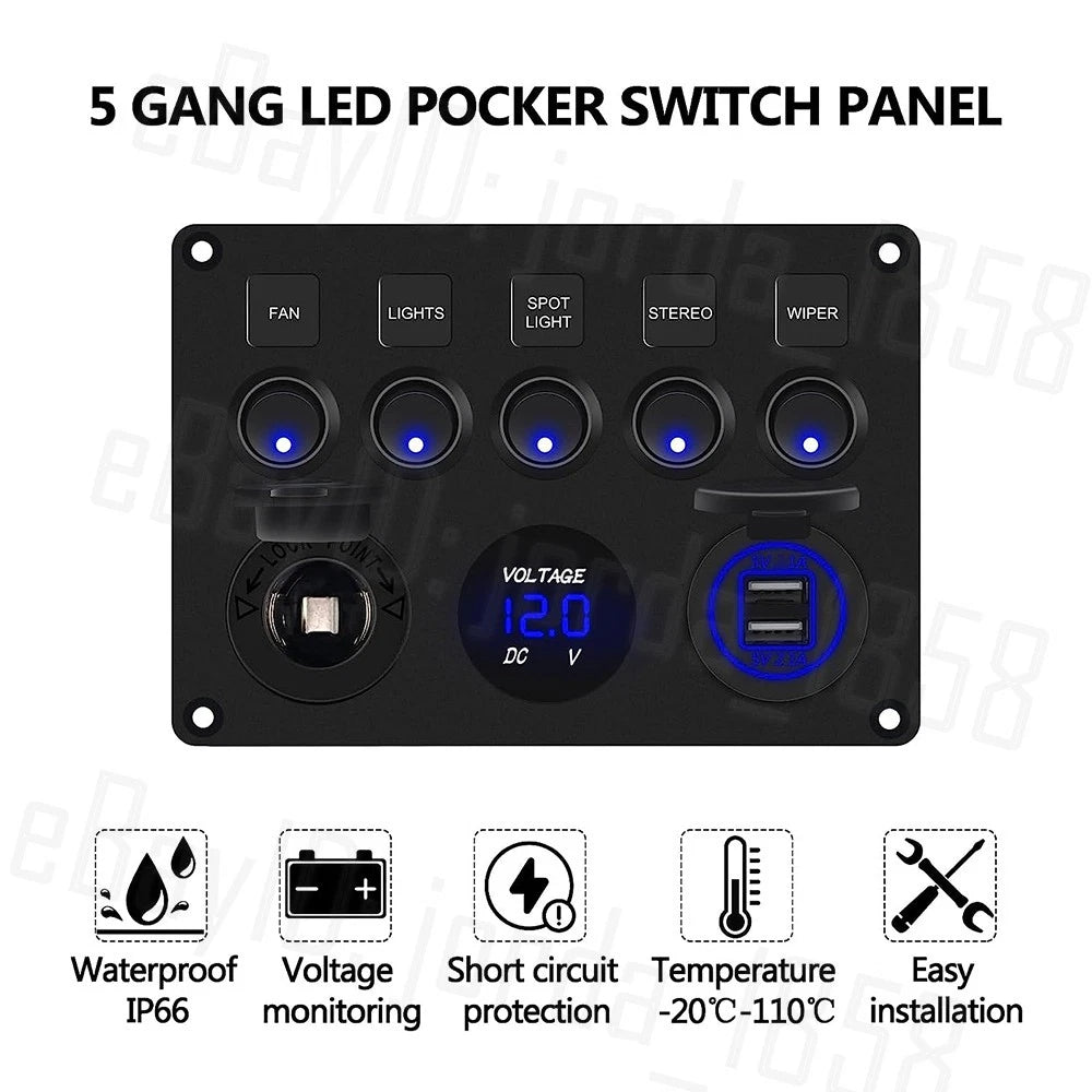 5 Gang 12V Switch Panel LED Rocker USB ON-OFF Toggle For Car Boat Marine Caravan