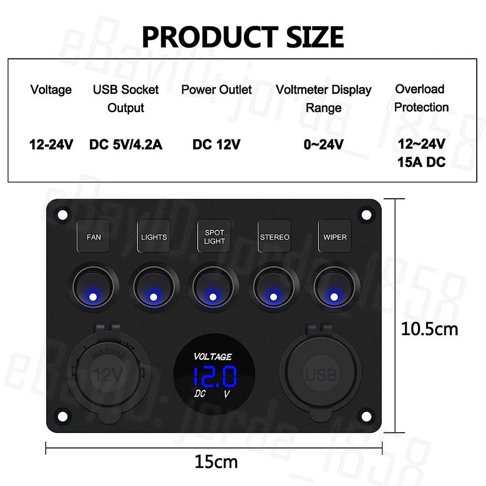 5 Gang 12V Switch Panel LED Rocker USB ON-OFF Toggle For Car Boat Marine Caravan