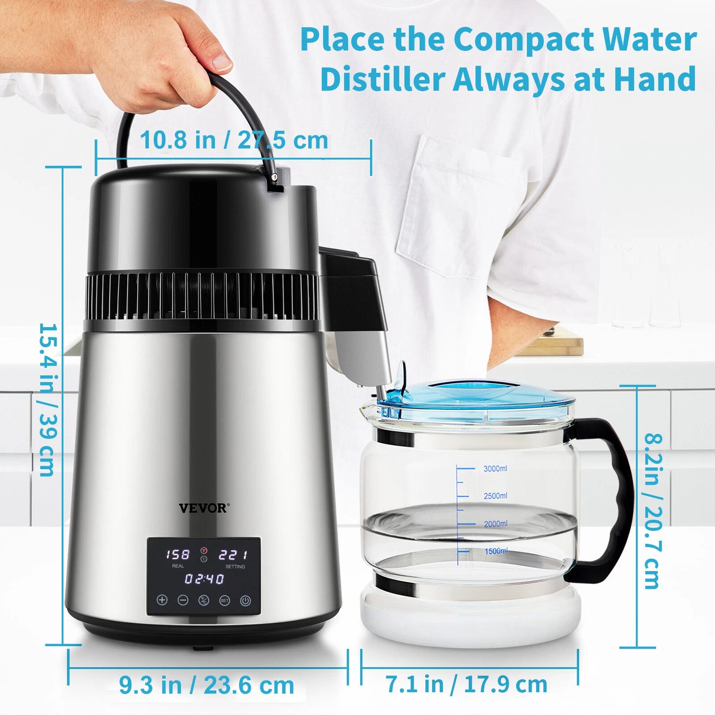 4L Water Distiller 1.5L/H Distilled Water Filter Timing Dual-Temp Silver