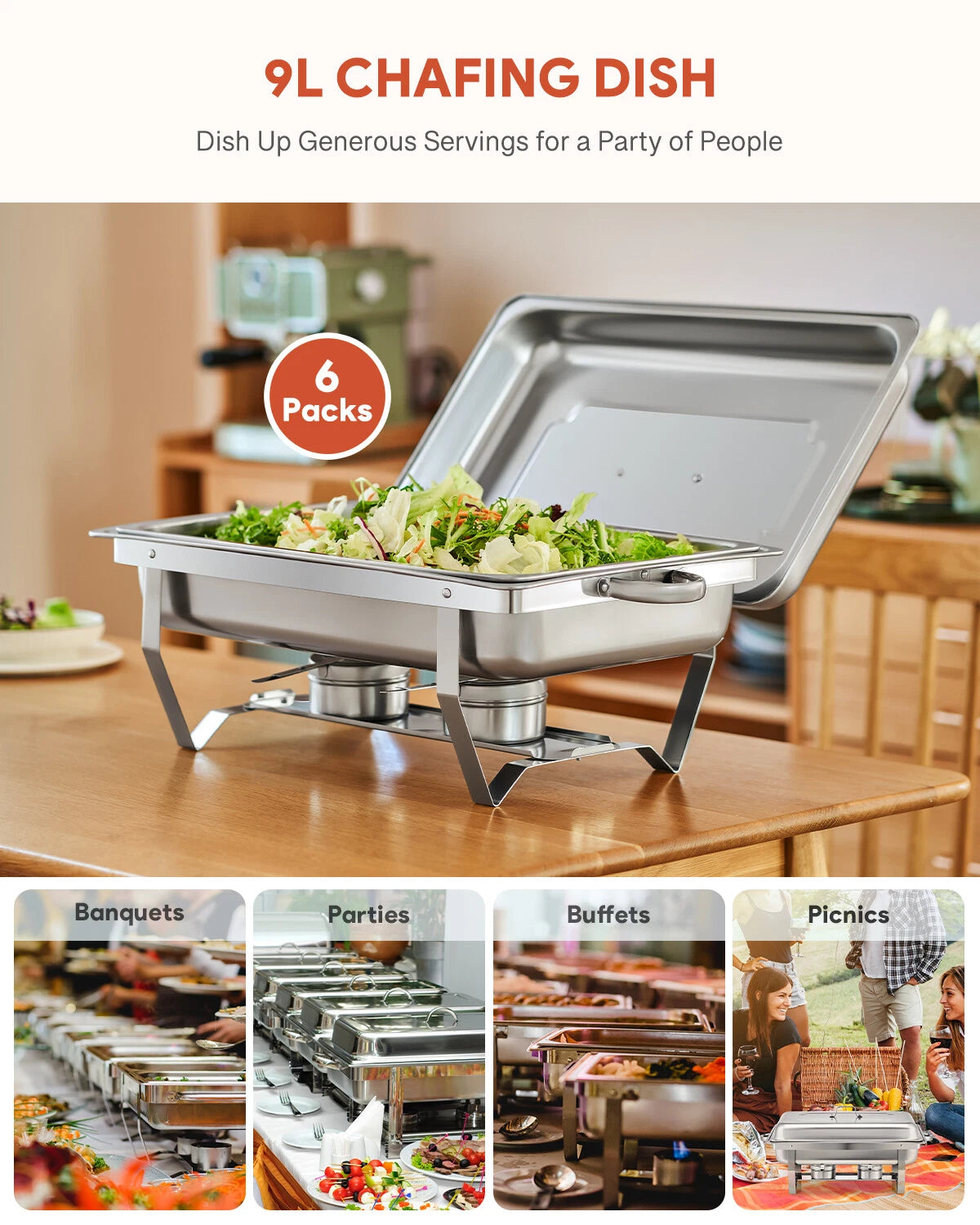 6-Pack Chafer Chafing Dish 9L Stainless Bain Marie Buffet Food Warmer