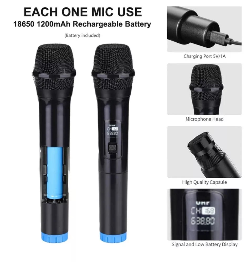2x Handheld Wireless Microphone Cordless UHF Dynamic Mic System Karaoke Receiver