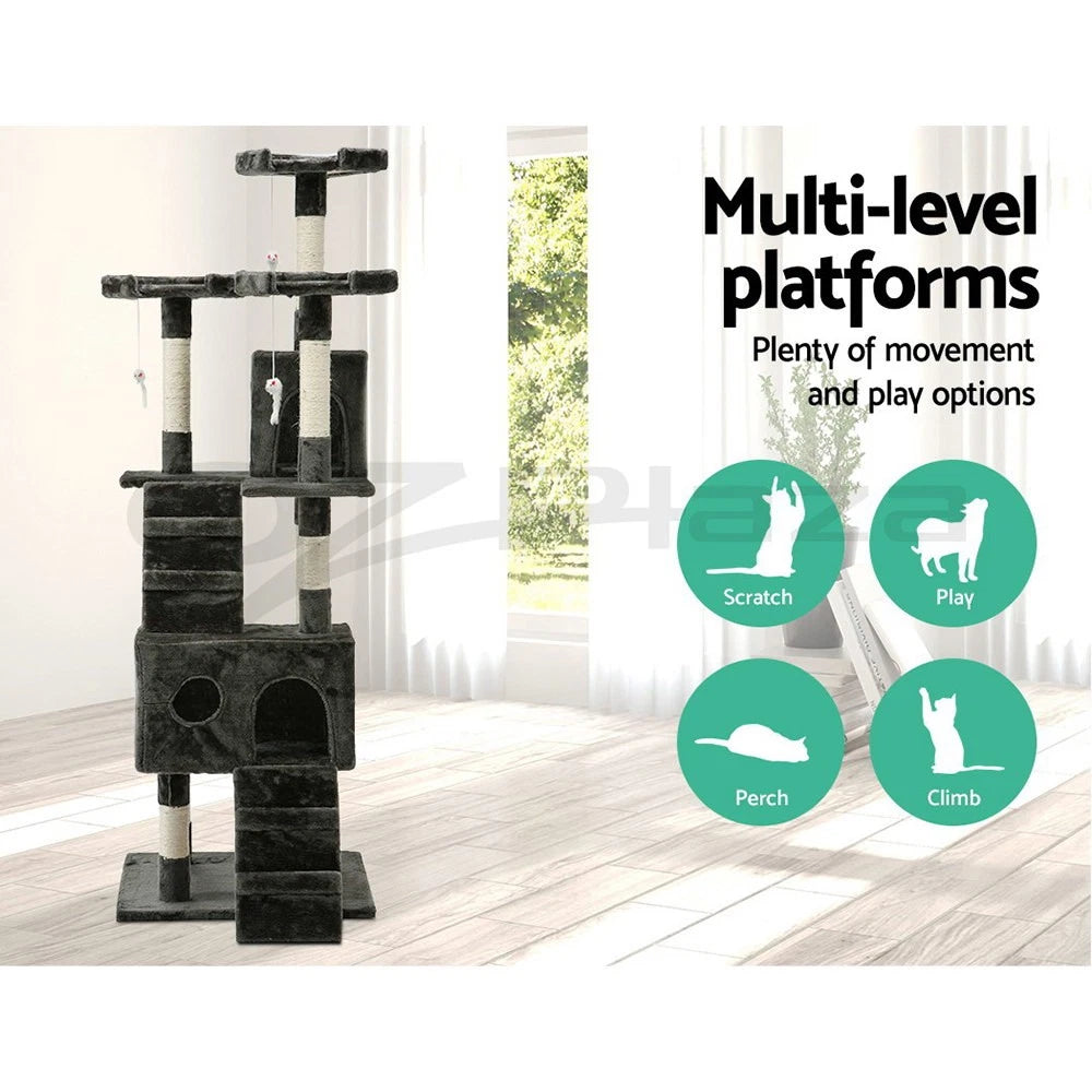 Cat Tree Tower Scratching Post Scratcher 180cm Wood Condo House Toys Grey