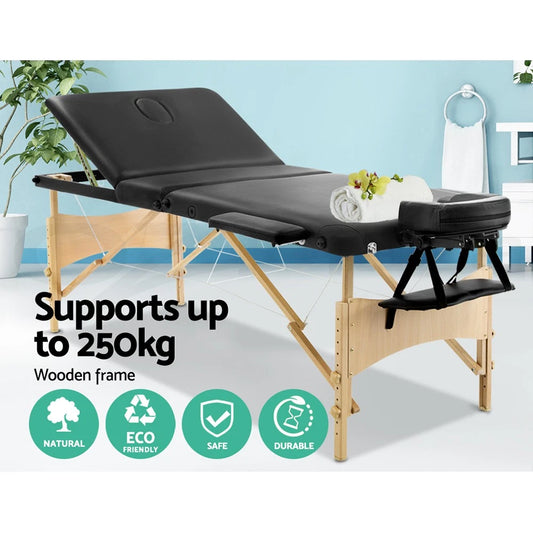Massage Table 60cm Portable 3 Fold Wooden Beauty Waxing Therapy Bed Black