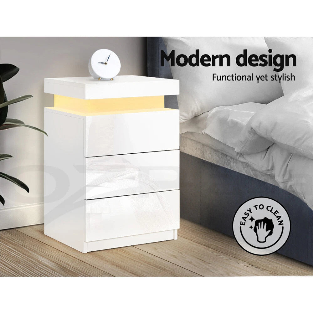 White Bedside Table Side Table 3 Drawers RGB LED High Gloss Nightstand Storage