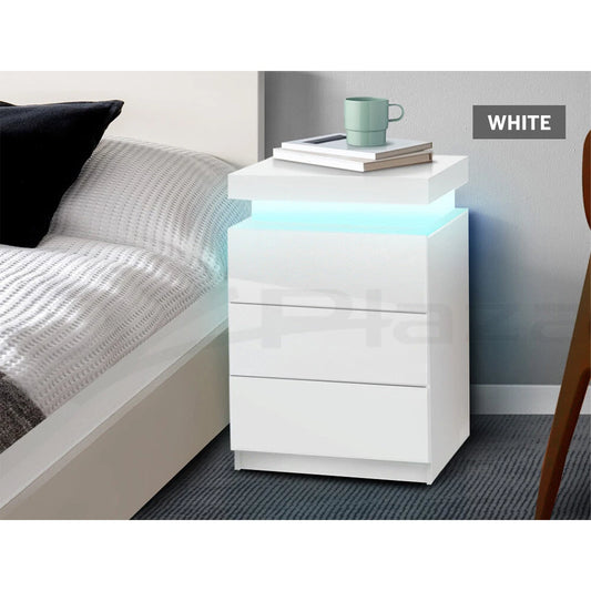 White Bedside Table Side Table 3 Drawers RGB LED High Gloss Nightstand Storage