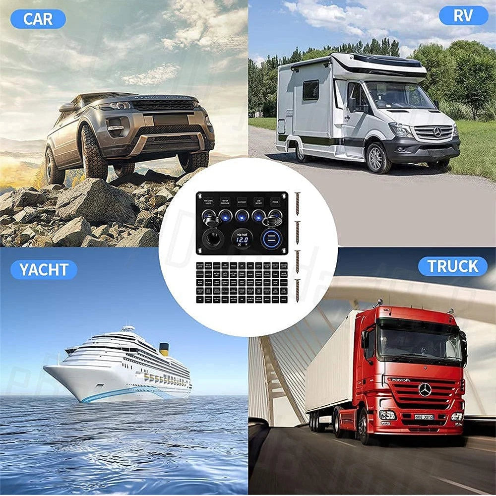 5 Gang 12V Switch Panel LED Rocker USB ON-OFF Toggle For Car Boat Marine Caravan