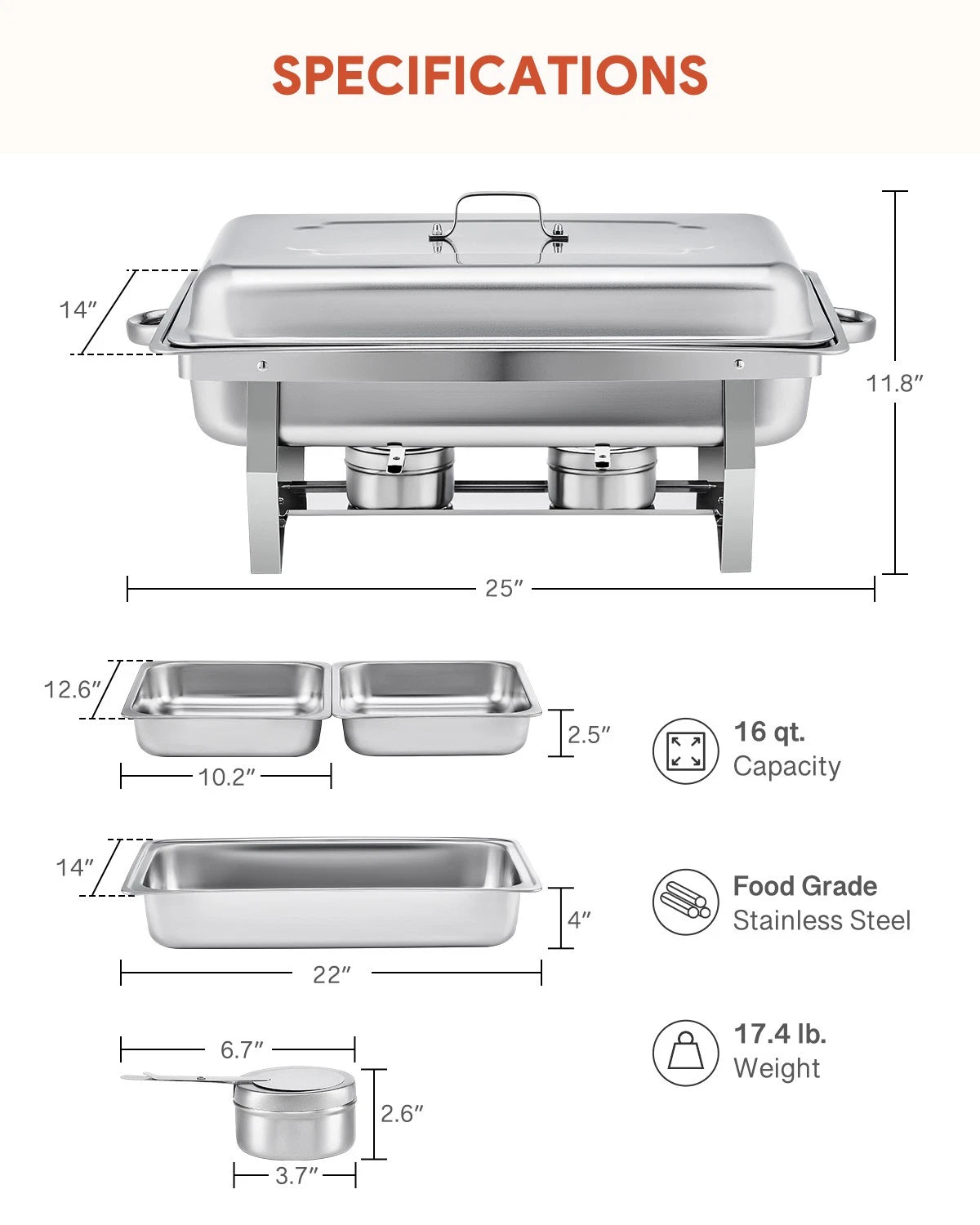 2 Packs 4.5L Stainless Steel Chafing Dishs Bain Marie Buffet Food Warmer