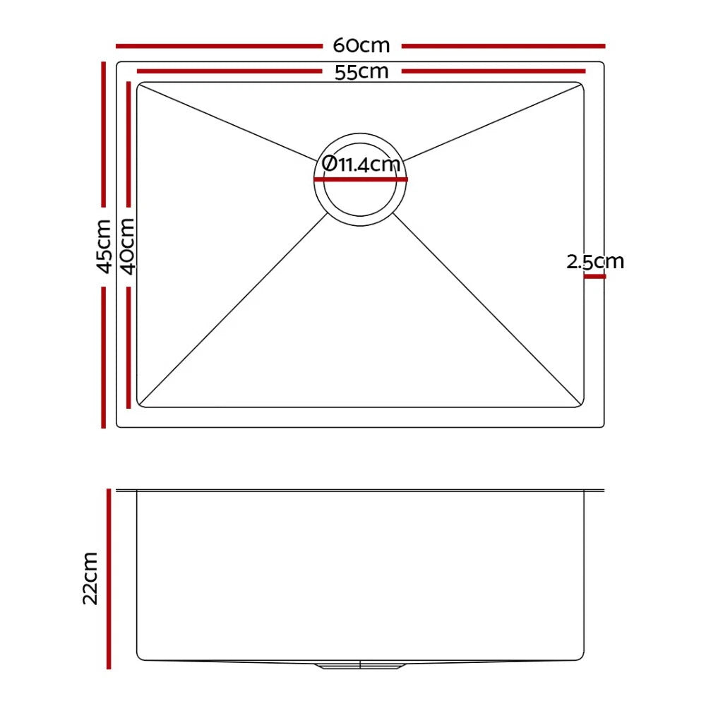 Kitchen Sink 60X45CM Stainless Steel Basin Single Bowl Silver