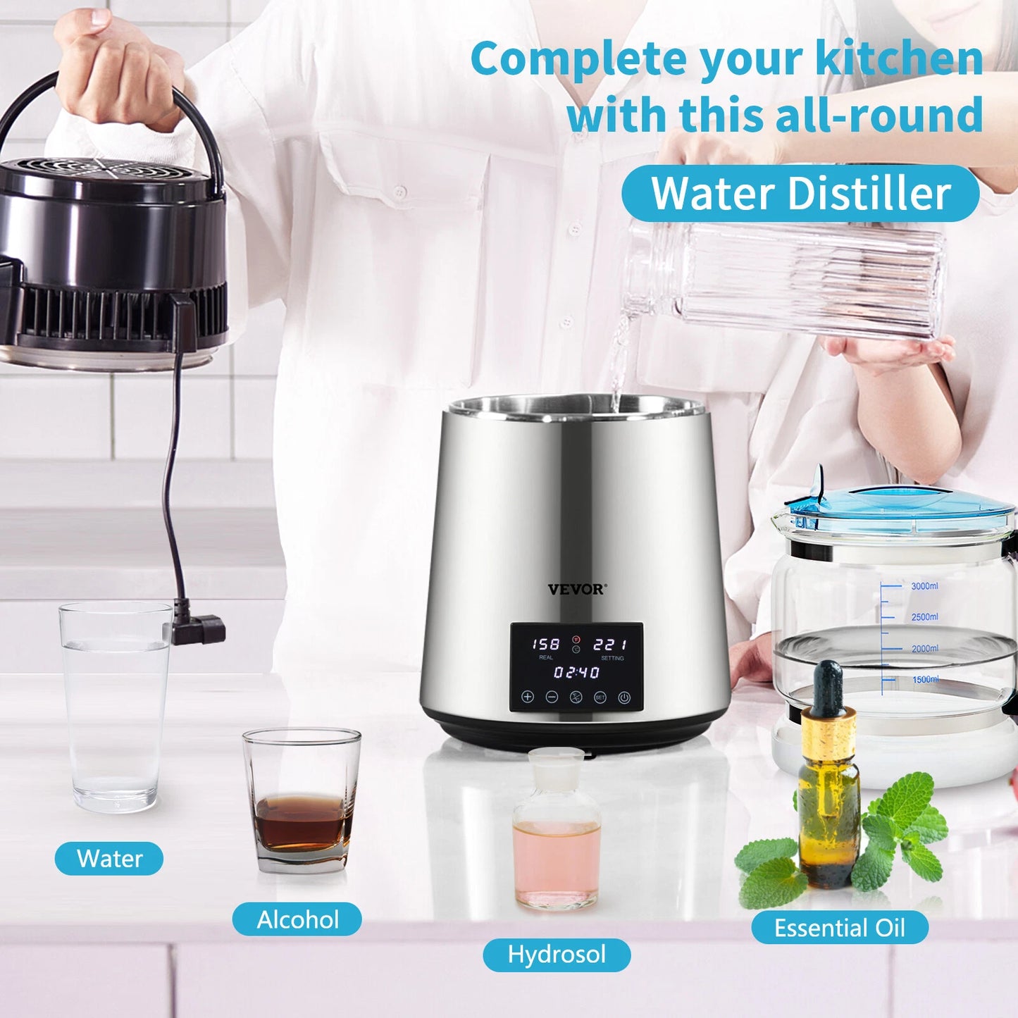 4L Water Distiller 1.5L/H Distilled Water Filter Timing Dual-Temp Silver