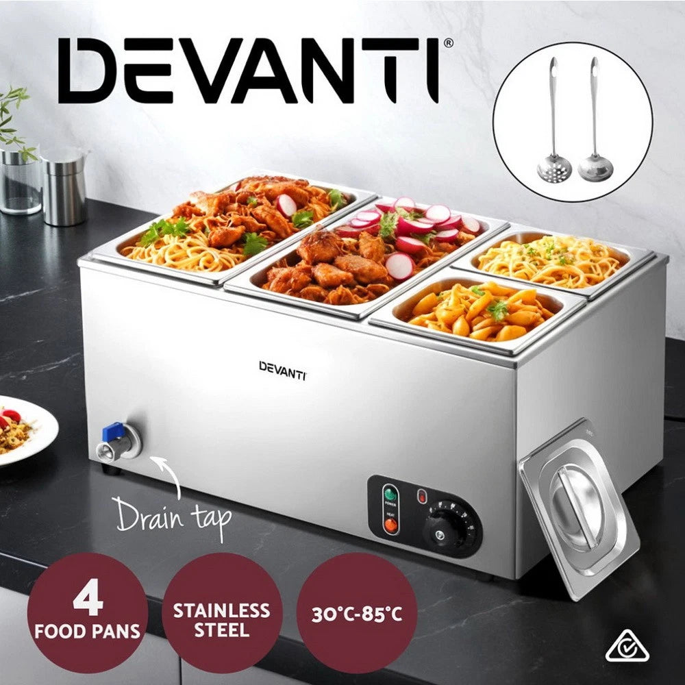 Commercial Food Warmer Bain Marie Electric 4 Buffet Pans Stainless Steel