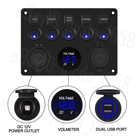 5 Gang 12V Switch Panel LED Rocker USB ON-OFF Toggle For Car Boat Marine Caravan