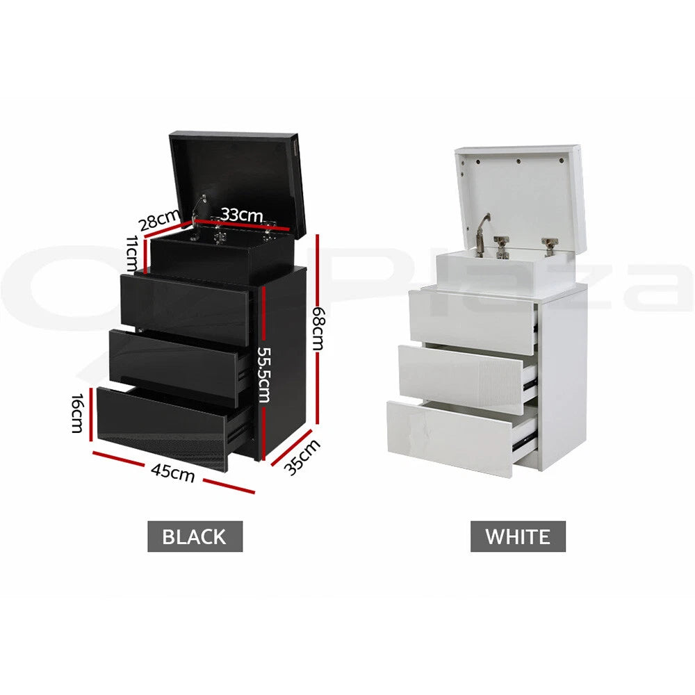 Black Bedside Table Side Table 3 Drawers RGB LED High Gloss Nightstand Storage
