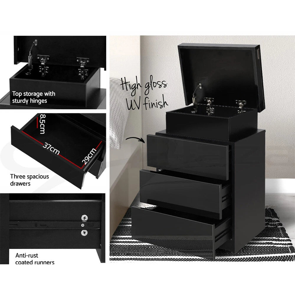 Black Bedside Table Side Table 3 Drawers RGB LED High Gloss Nightstand Storage