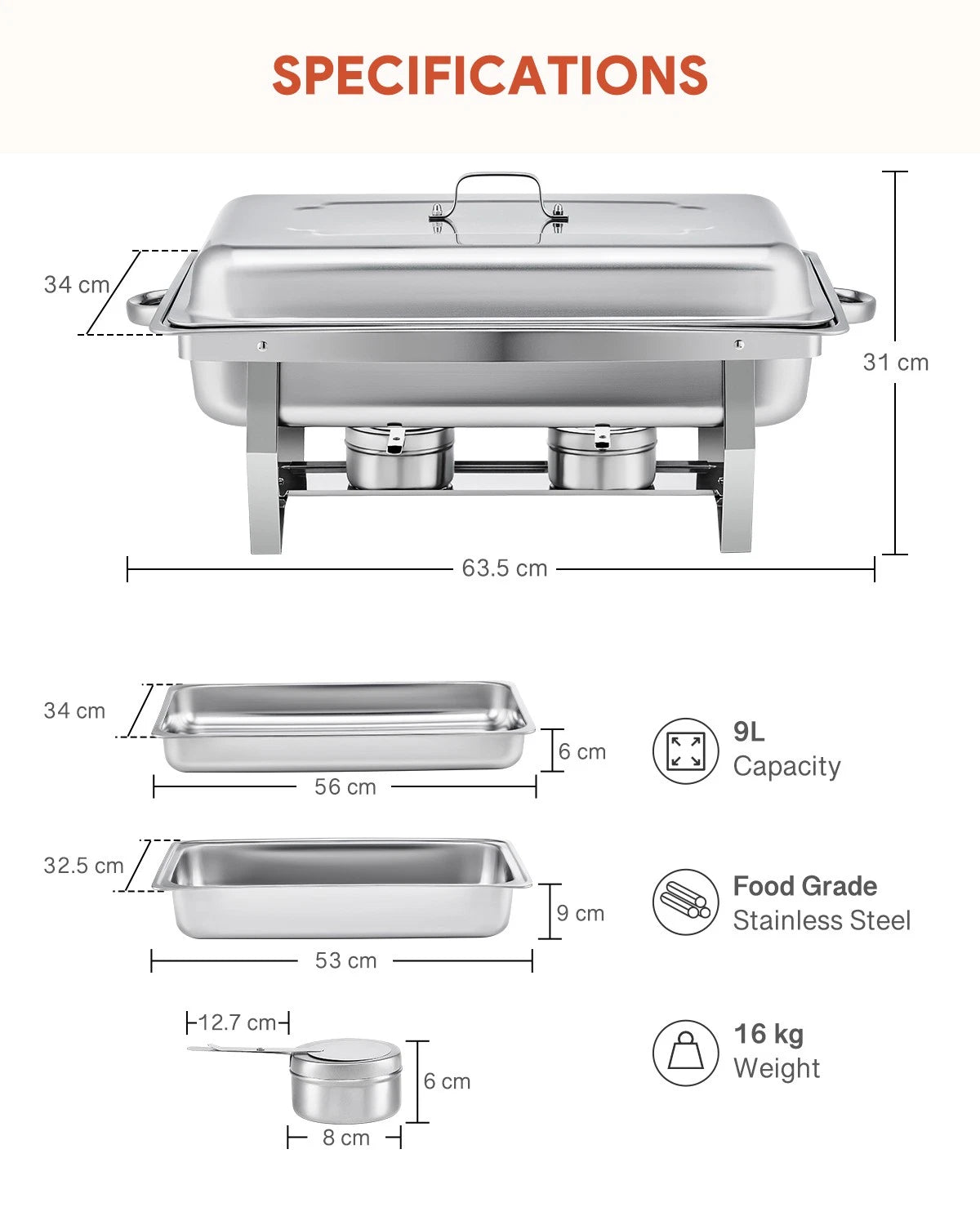 2 Packs 9L Stainless Steel Chafing Dishs Bain Marie Buffet Food Warmer