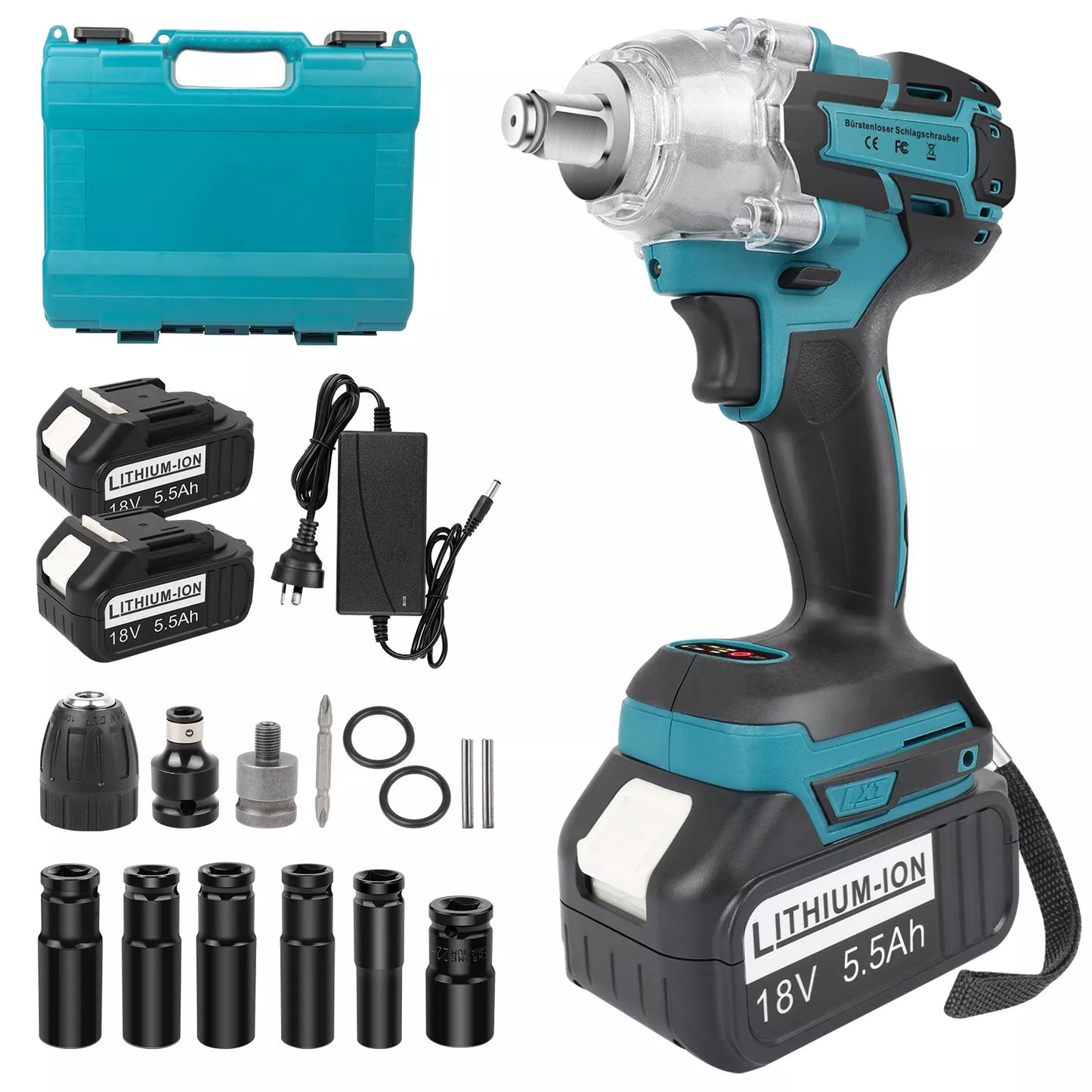Cordless Brushless Electric Impact Wrench Tool Set 1/2'' With 2X 5.5Ah Battery