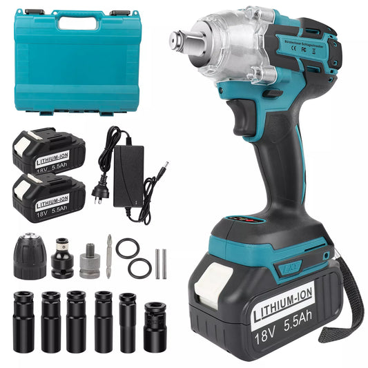 Cordless Brushless Electric Impact Wrench Tool Set 1/2'' With 2X 5.5Ah Battery