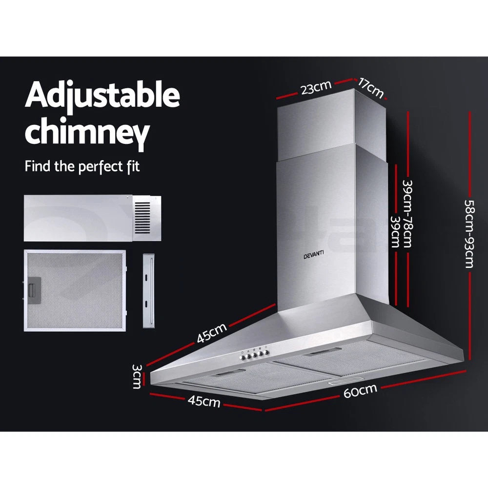 600mm Range Hood 60cm Rangehood Kitchen Canopy LED Light Stainless Steel
