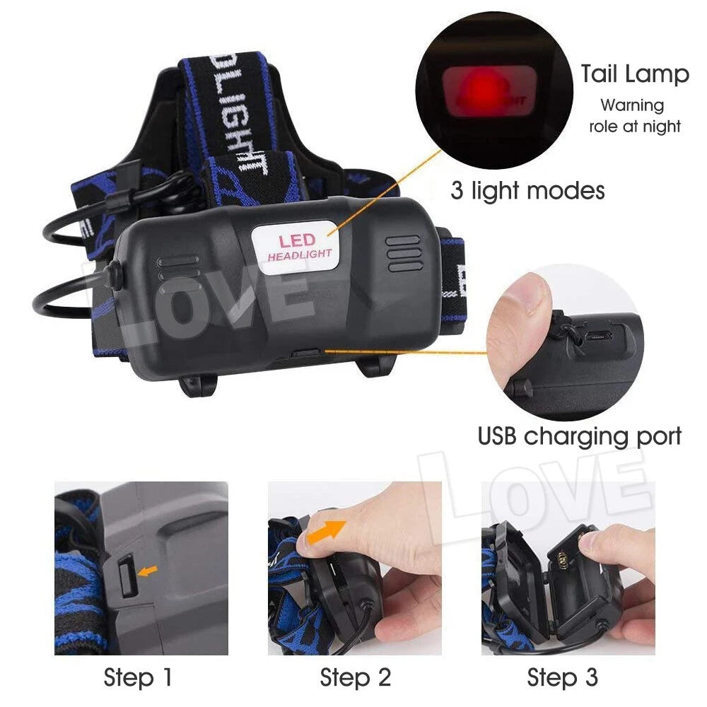 100000LM LED Headlamp Rechargeable Zoomable Headlight XML T6 Head Torch