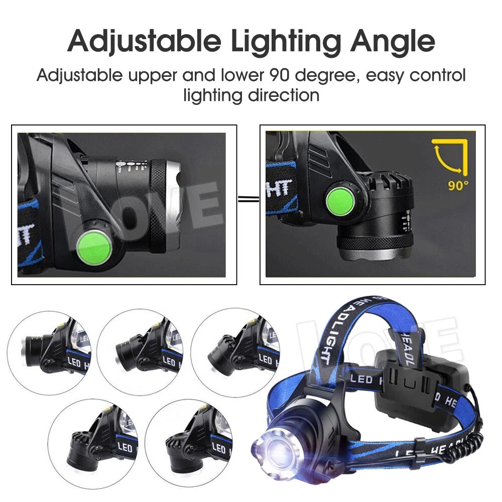 100000LM LED Headlamp Rechargeable Zoomable Headlight XML T6 Head Torch