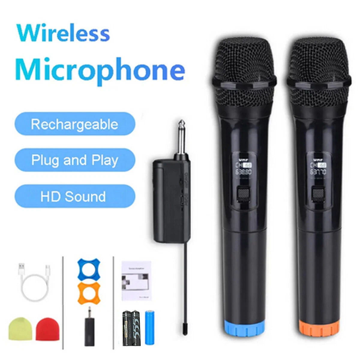 2x Handheld Wireless Microphone Cordless UHF Dynamic Mic System Karaoke Receiver