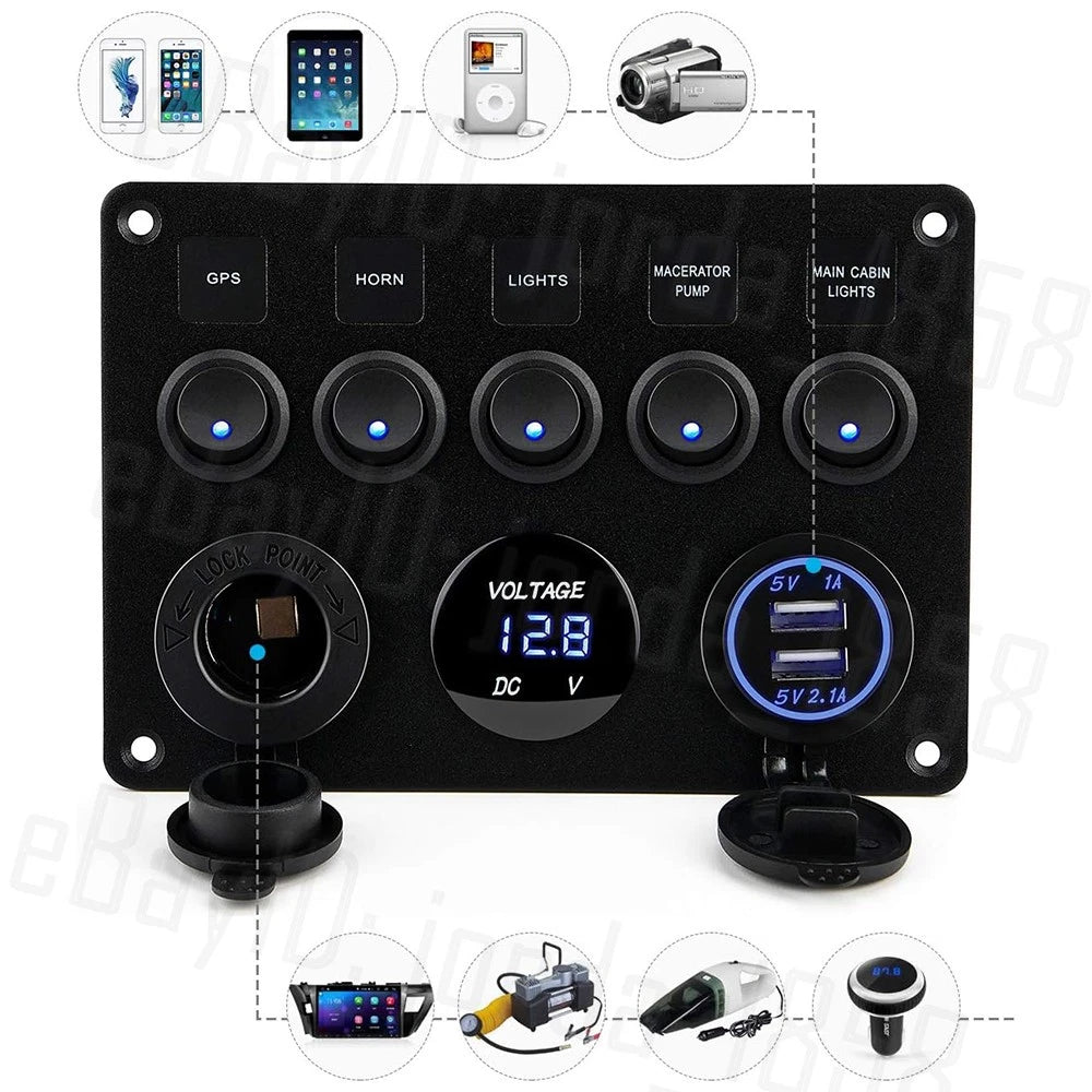 5 Gang 12V Switch Panel LED Rocker USB ON-OFF Toggle For Car Boat Marine Caravan