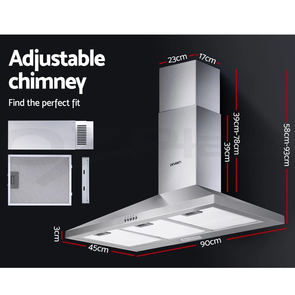 900mm Range Hood 90cm Rangehood Kitchen Canopy LED Light Stainless Steel