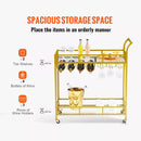 2 Tiers Gold Metal Bar Serving Cart with Wine Rack Glass Holder 120 LBS