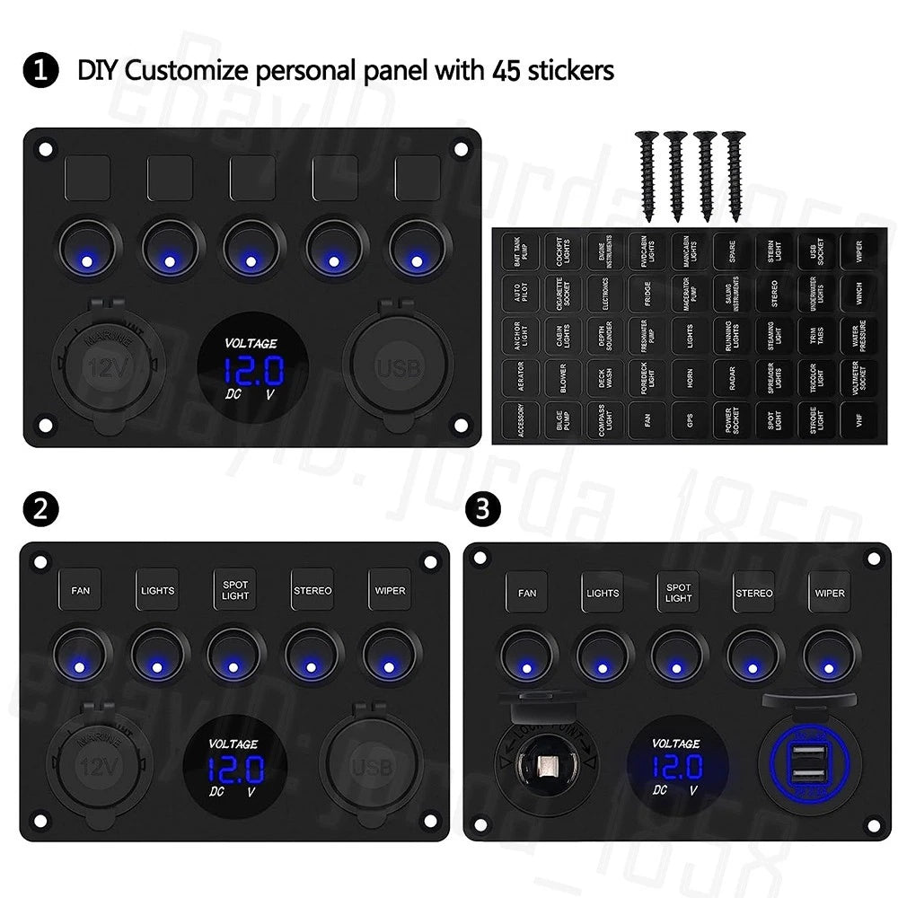 5 Gang 12V Switch Panel LED Rocker USB ON-OFF Toggle For Car Boat Marine Caravan