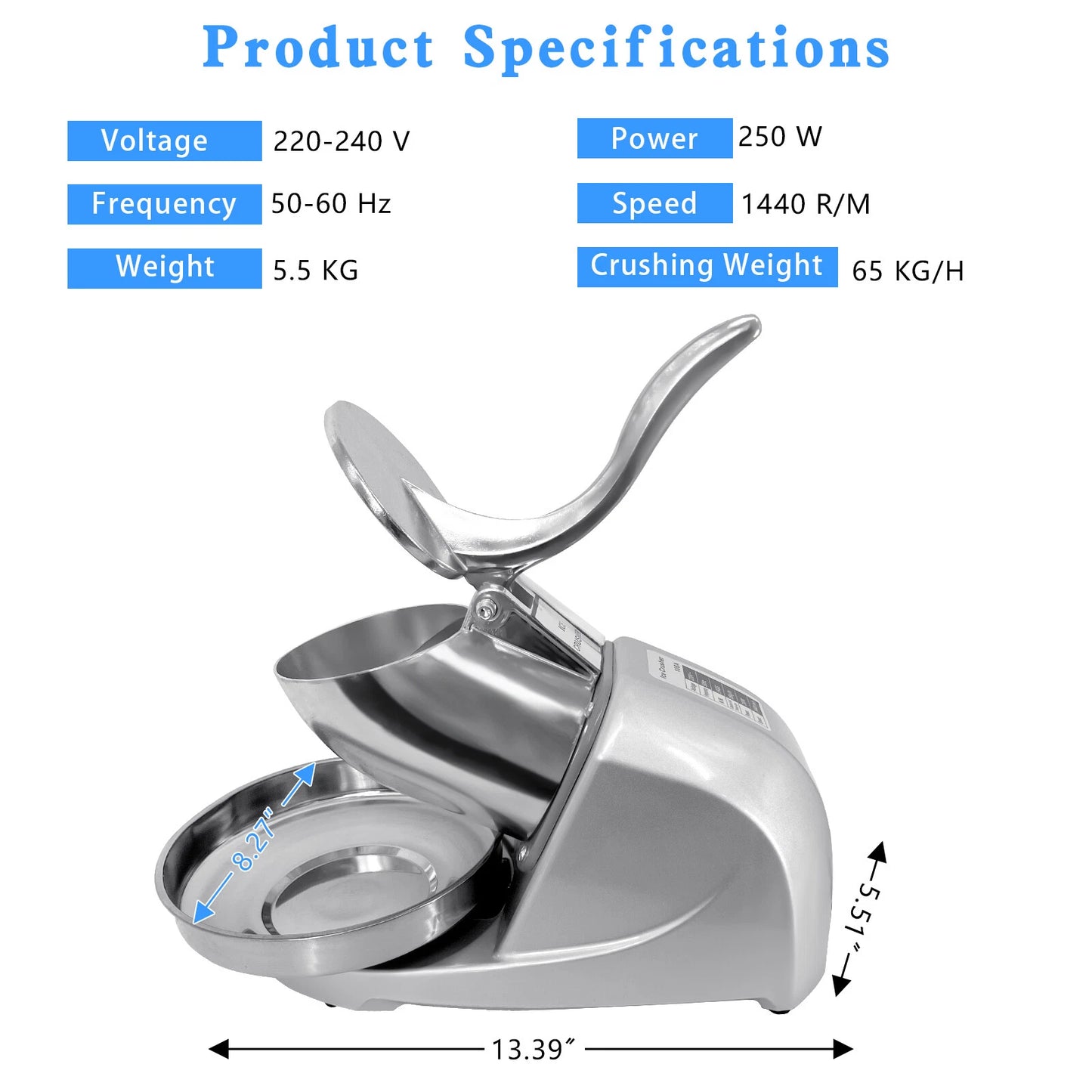 Electric Ice Crusher Shaver Snow Cone Maker Commercial Machine 250W