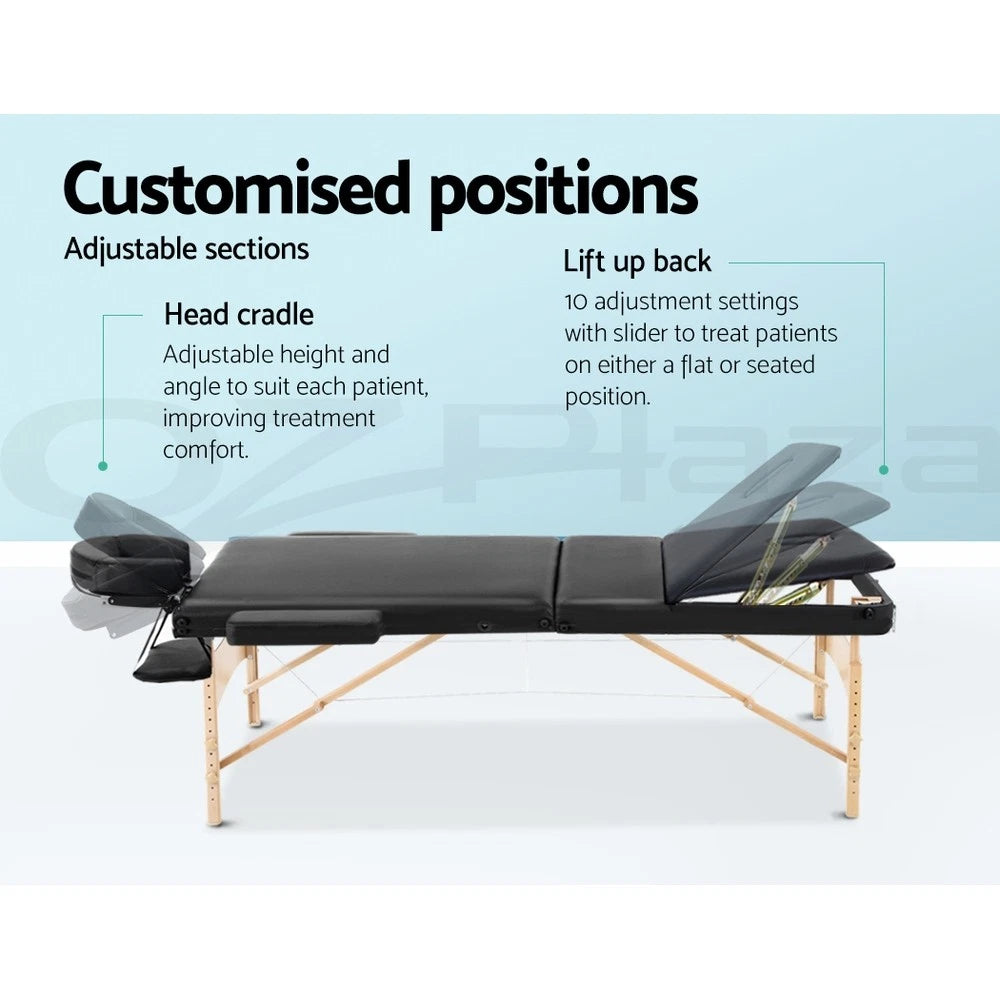 Massage Table 60cm Portable 3 Fold Wooden Beauty Waxing Therapy Bed Black