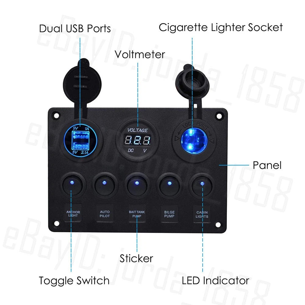 5 Gang 12V Switch Panel LED Rocker USB ON-OFF Toggle For Car Boat Marine Caravan