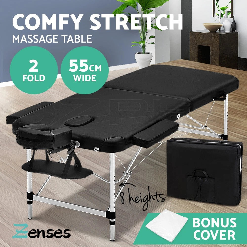 Massage Table 55cm Portable 2 Fold Aluminium Beauty Therapy Bed Black