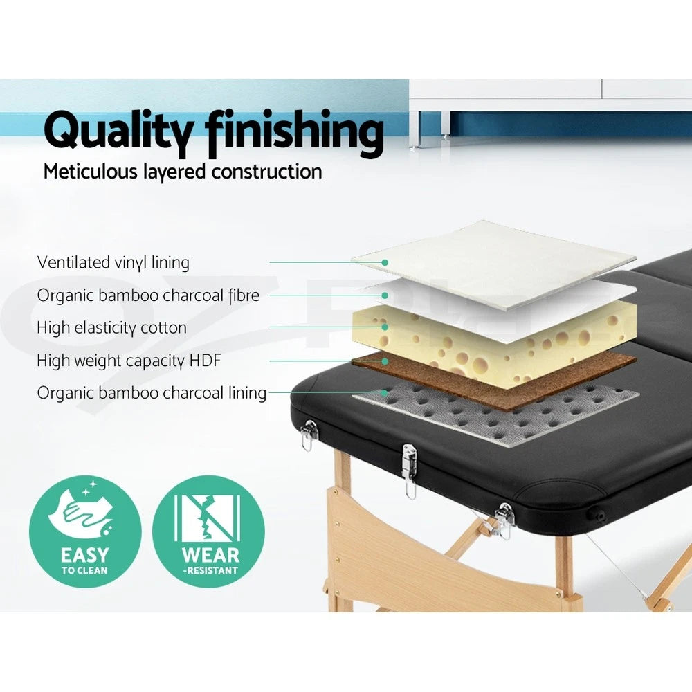 Massage Table 60cm Portable 3 Fold Wooden Beauty Waxing Therapy Bed Black