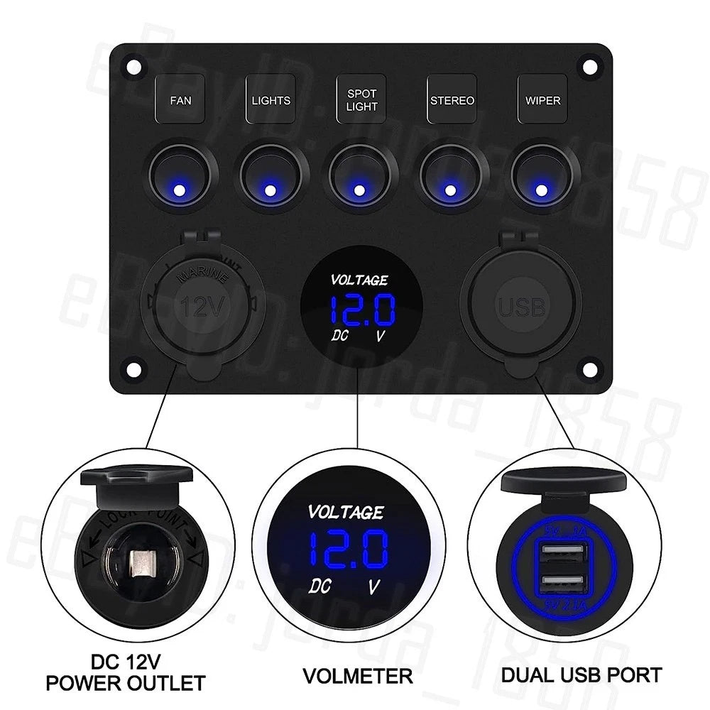 5 Gang 12V Switch Panel LED Rocker USB ON-OFF Toggle For Car Boat Marine Caravan