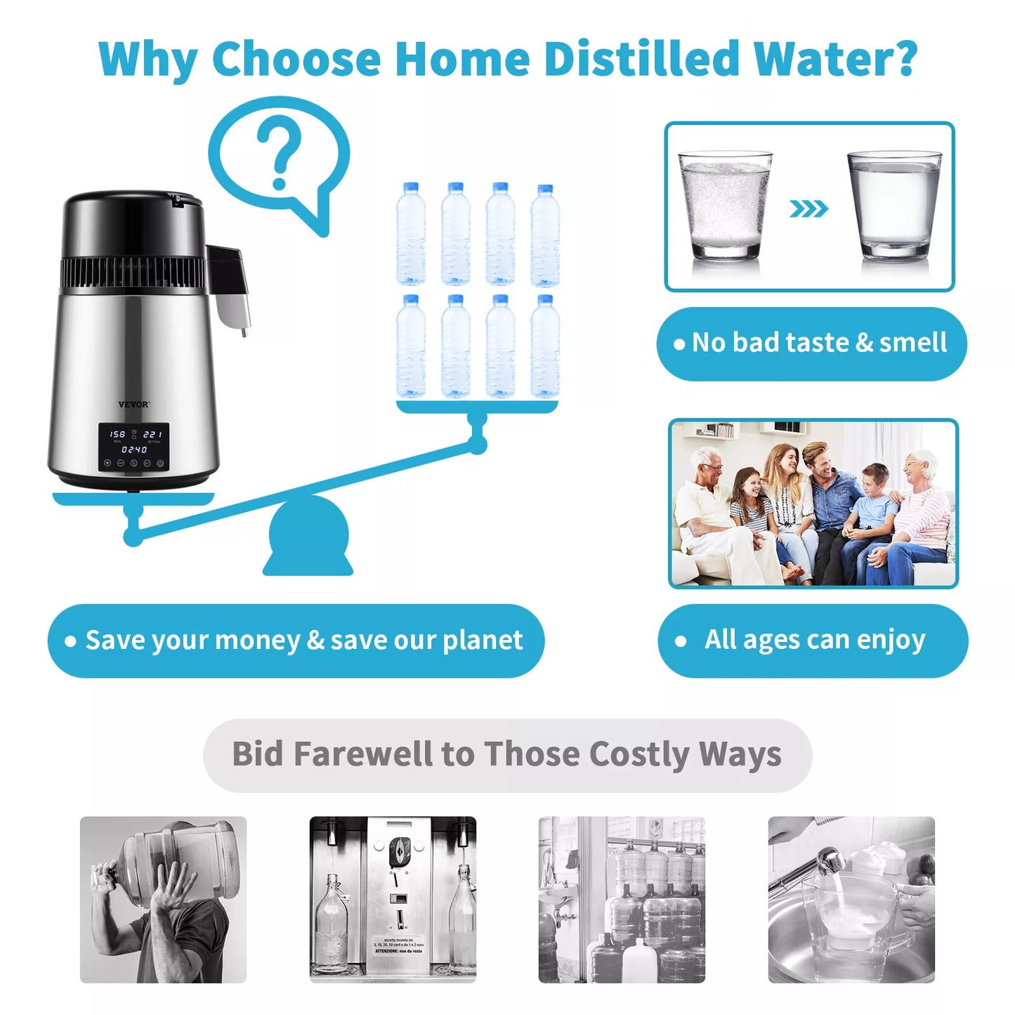 4L Water Distiller 1.5L/H Distilled Water Filter Timing Dual-Temp Silver