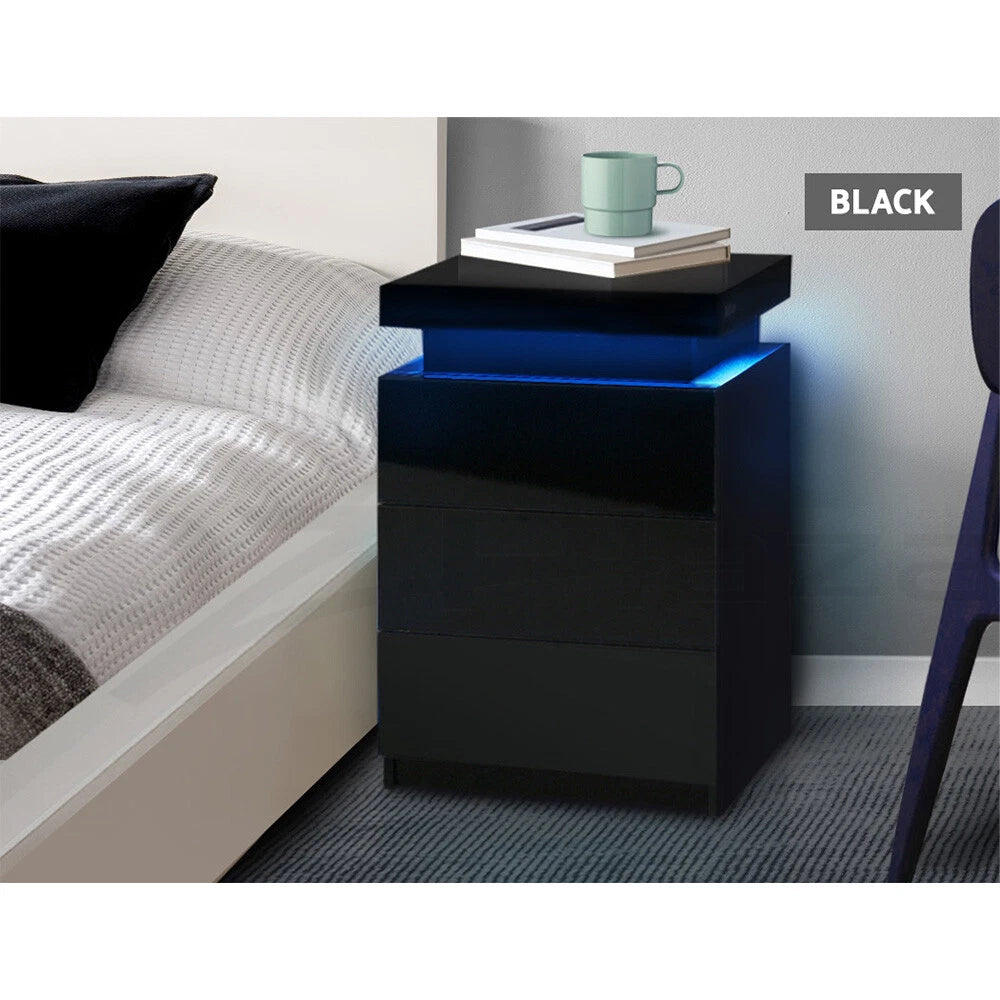 Black Bedside Table Side Table 3 Drawers RGB LED High Gloss Nightstand Storage