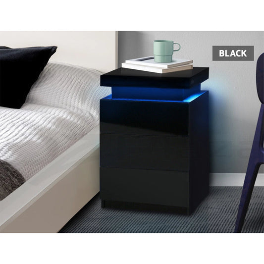 Black Bedside Table Side Table 3 Drawers RGB LED High Gloss Nightstand Storage