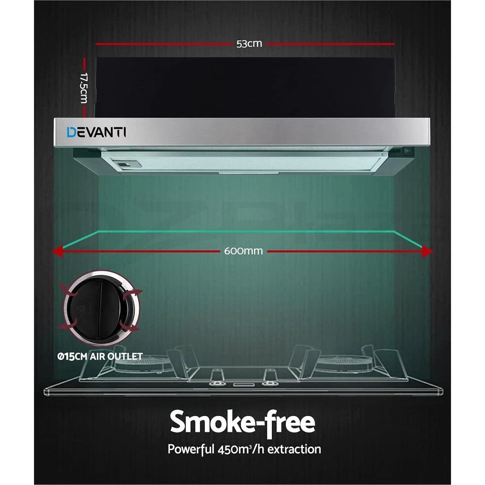 600mm Range Hood 60cm Slide out Rangehood Kitchen Canopy Stainless Steel
