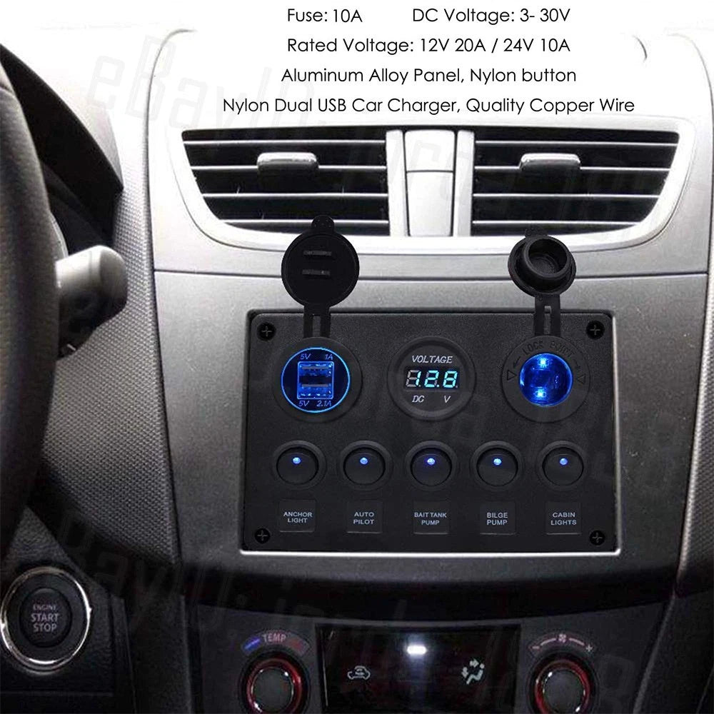 5 Gang 12V Switch Panel LED Rocker USB ON-OFF Toggle For Car Boat Marine Caravan
