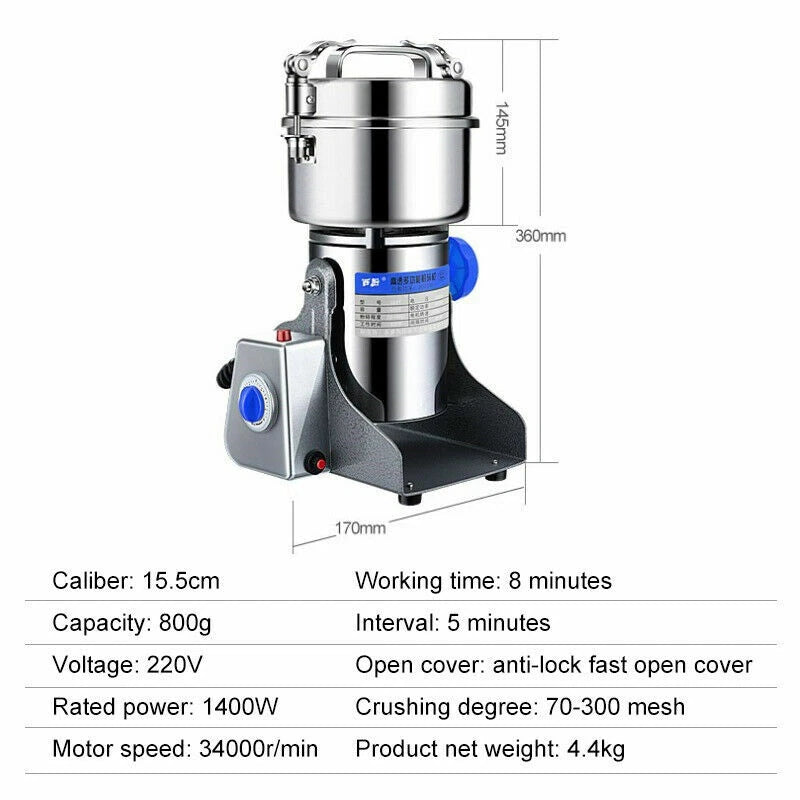 800G Electric Dry Food Grinder Machine Grains Spices Hebals Mill Cereal Grinding