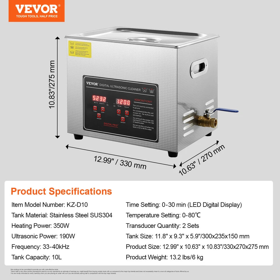 10L Ultrasonic Cleaner with Timer Heating Machine Digital Sonic Cleaner